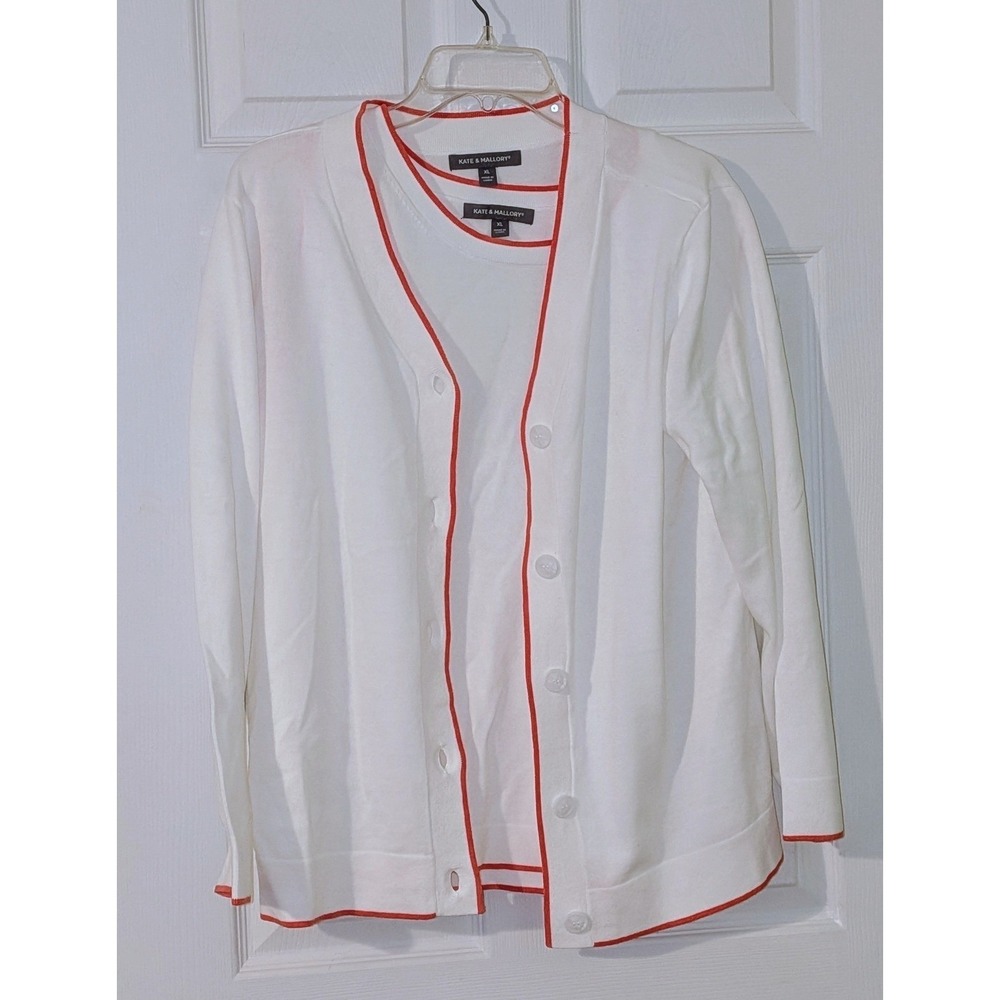 Kate‎ & Mallory XL White Cardigan Top Set Red Trim Knit Sleeveless Layering NEW